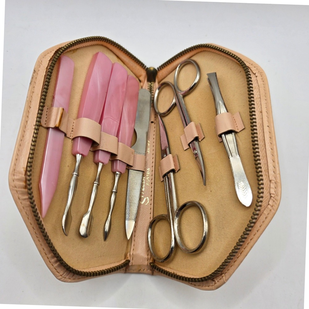 Vintage Stellar‎ Deluxe Austria Manicure Set Pink Marbled Tools Leather Case
